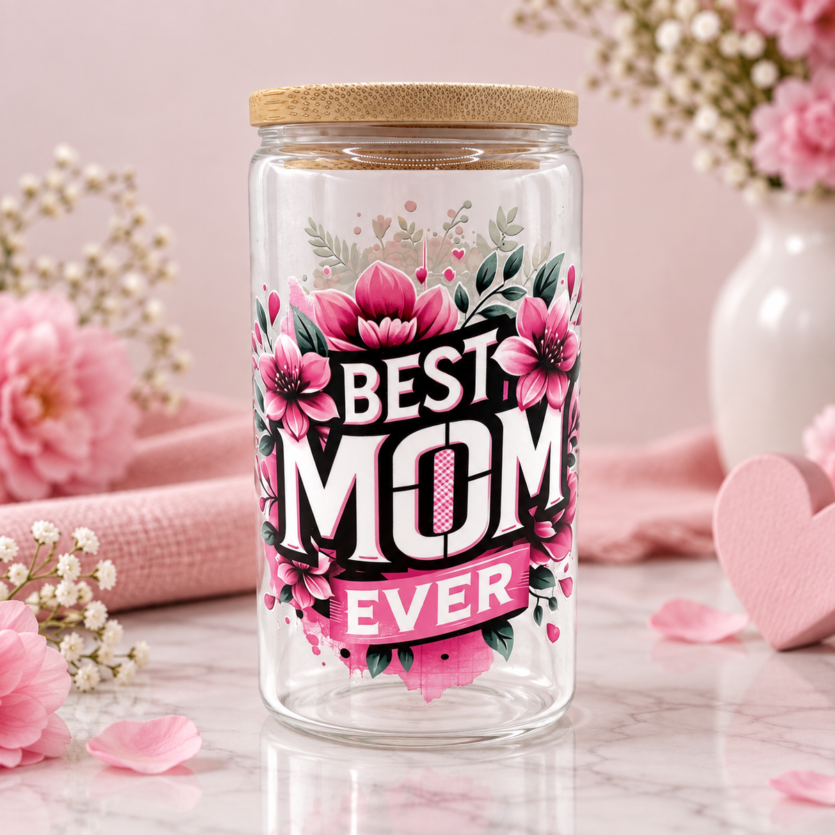 Trinkglas mit Best Mom-Motiv, Strohhalm und Deckel