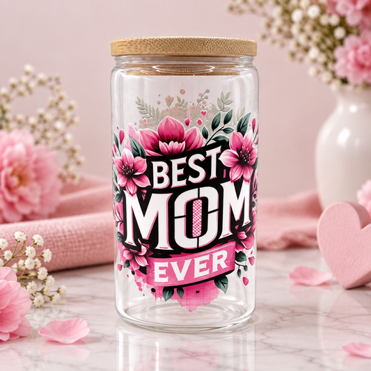 Trinkglas mit Best Mom-Motiv, Strohhalm und Deckel