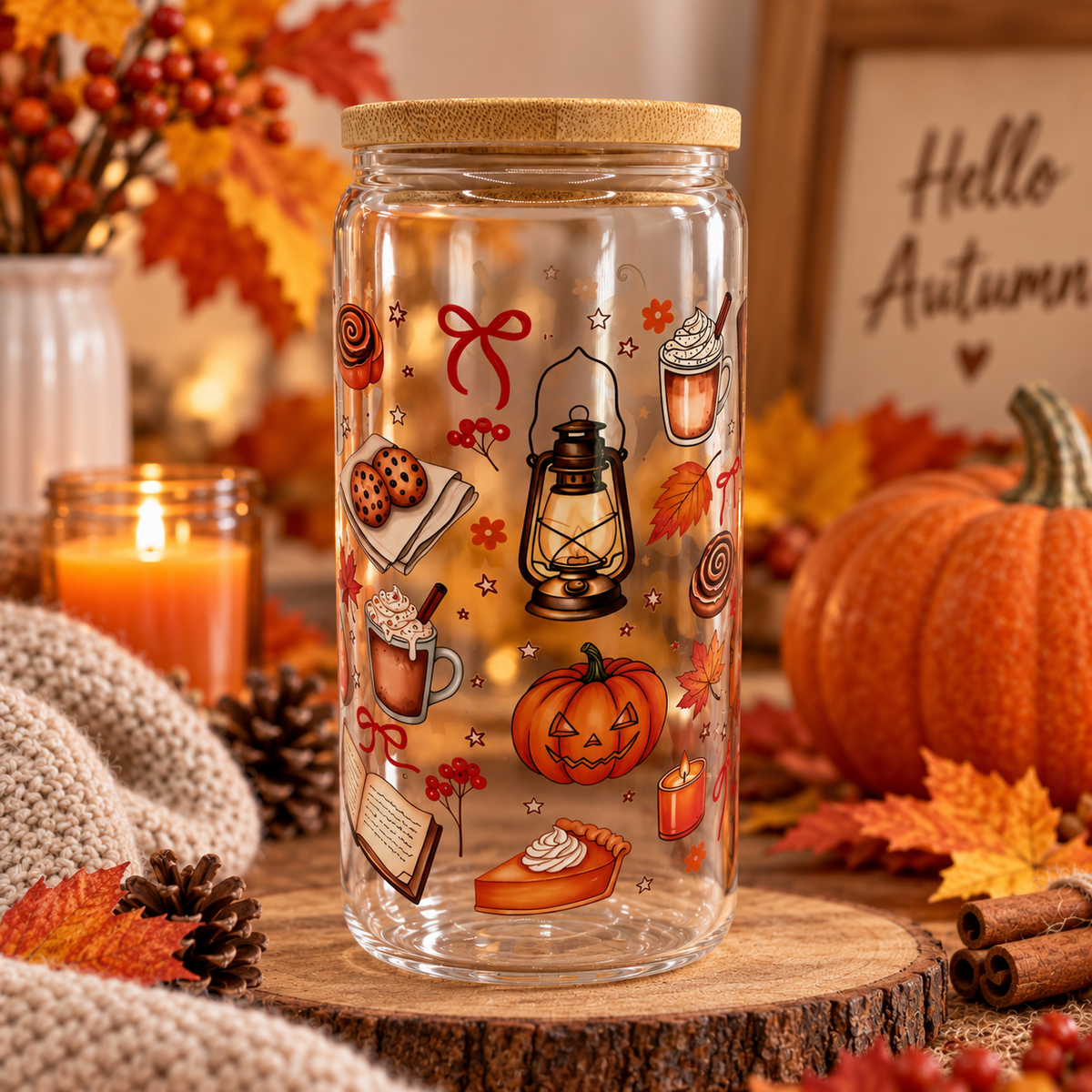 Trinkglas mit Herbst-Motiv, Strohhalm und Deckel