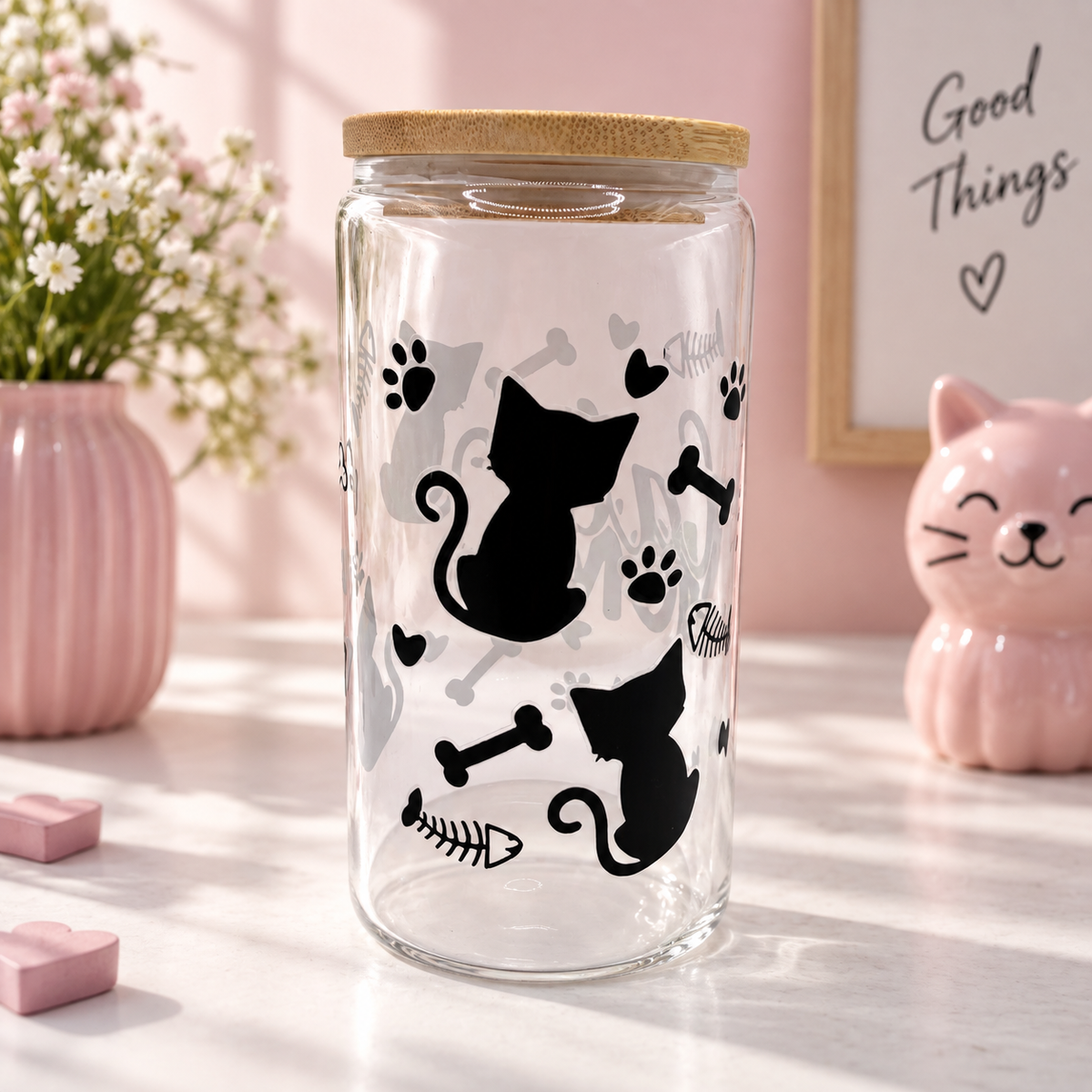 Trinkglas mit Cat Mom-Motiv, Strohhalm und Deckel