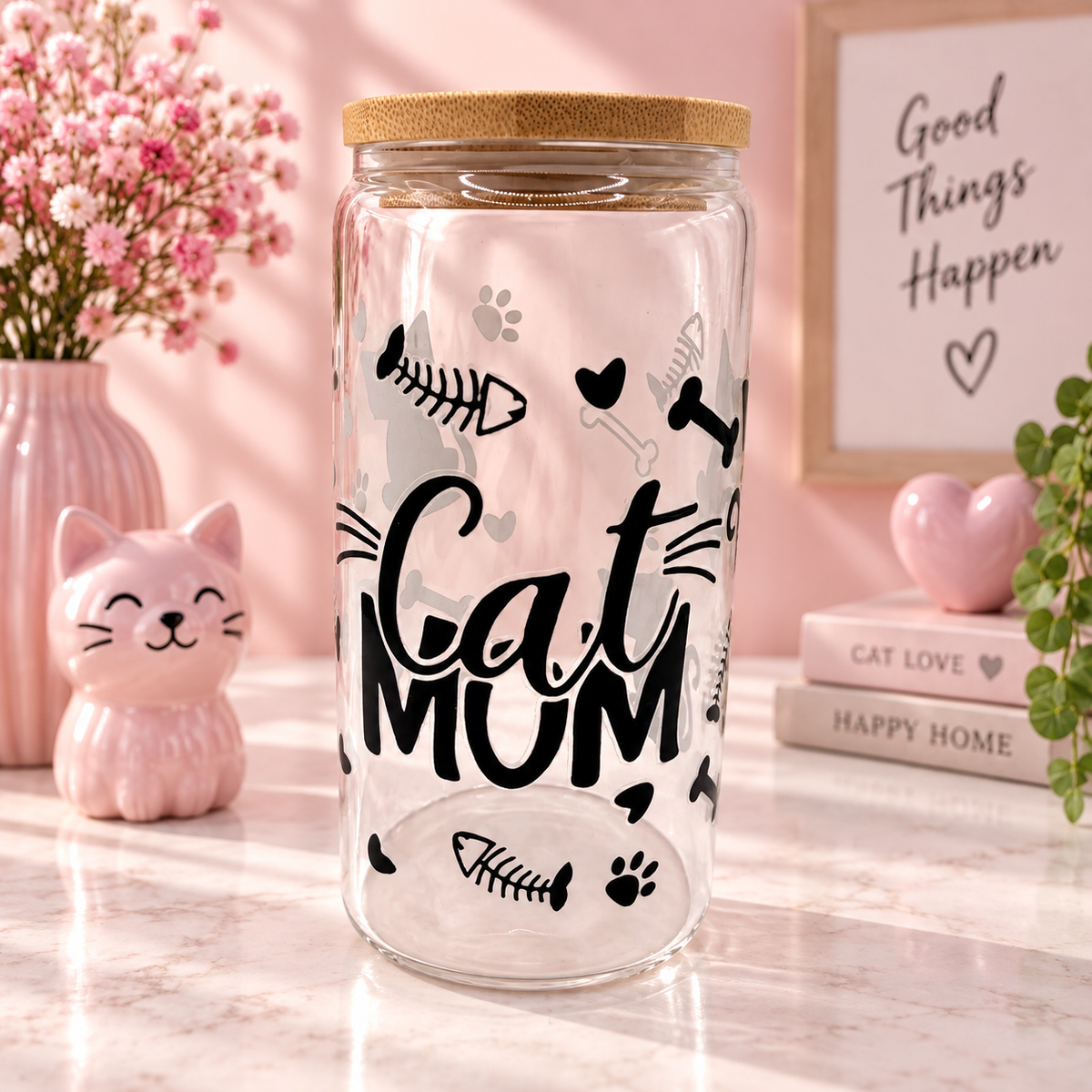 Trinkglas mit Cat Mom-Motiv, Strohhalm und Deckel